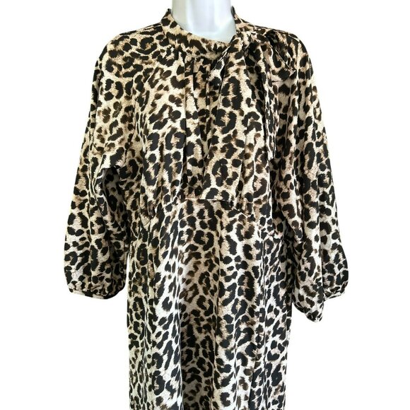 Calvin Klein Leopard Print Midi Dress Neck TIe Empire Waist Dress Mock Neck - Picture 1 of 6